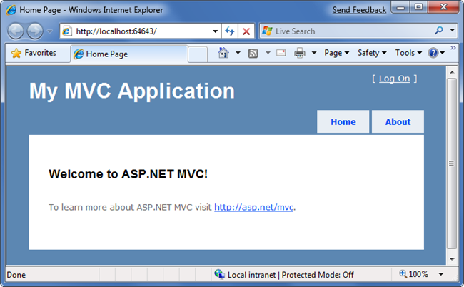 Screenshot of the My M V C Application Welcome page.