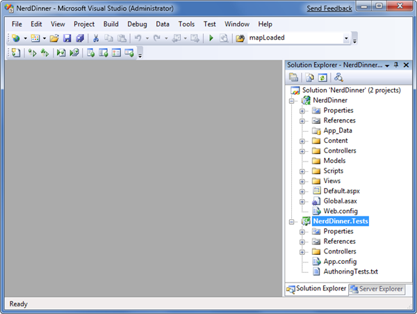 Screenshot of The Nerd Dinner dialog. In the Solution explorer pane to the right, Nerd Dinner dot Tests is selected.