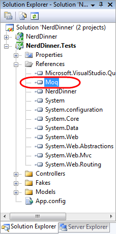 Screenshot of the Nerd Dinner navigation tree. Moq is highlighted.