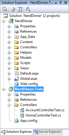Screenshot of the Solution Explorer navigation tree. Nerd Dinner dot Tests is selected.