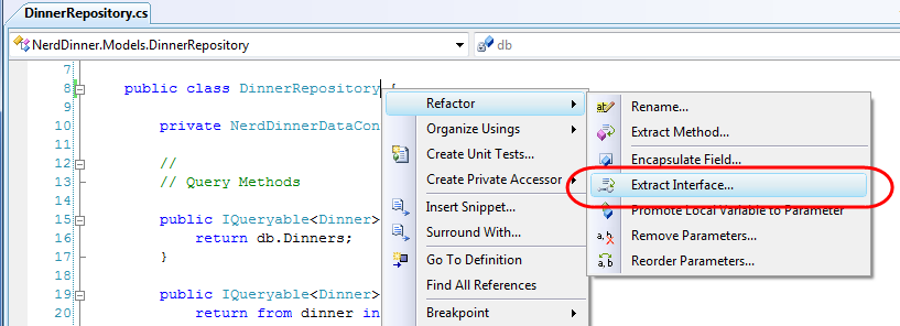 Screenshot that shows Extract Interface selected in the Refactor submenu.