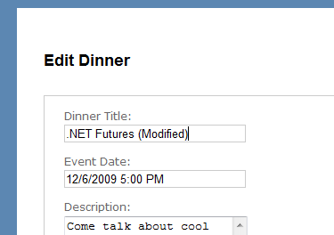 Screenshot of the Edit Dinner page.