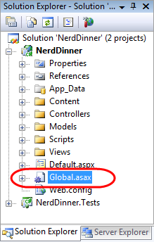 Screenshot of the Solution Explorer window showing the Global dot a s a x file highlighted in blue and circled in red.