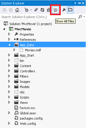 ソリューション エクスプローラー ウィンドウを示すスクリーンショット。[すべてのファイルを表示] アイコンが赤で囲まれており、[アプリ データ] フォルダーが選択されています。