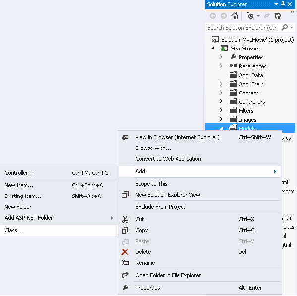 Screenshot that shows the Solution Explorer window. Add is selected in the Models right click menu and Class is selected in the sub menu.