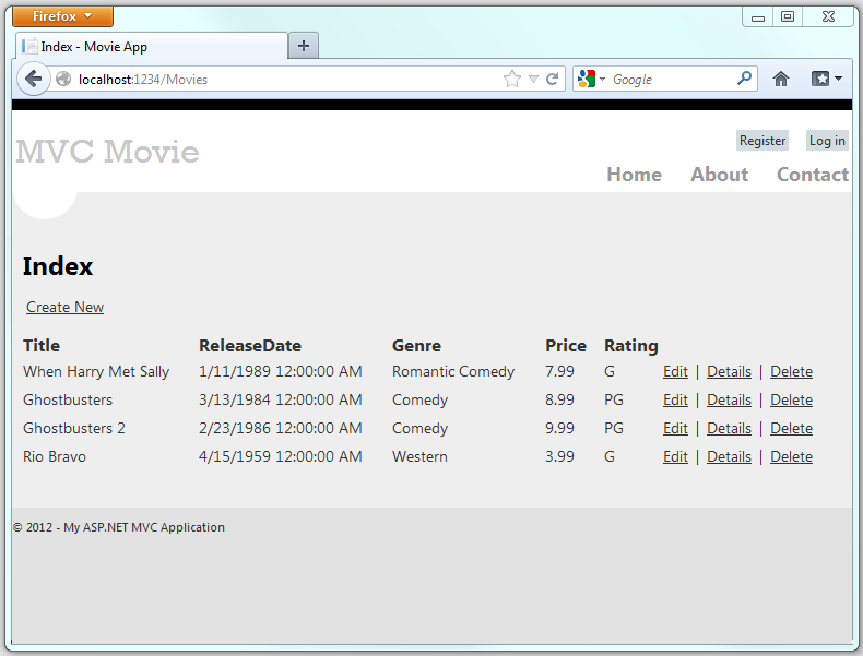 4 つの映画が一覧表示されている [M V C Movie Index]\(M V C ムービー インデックス\) ページを示すスクリーンショット。