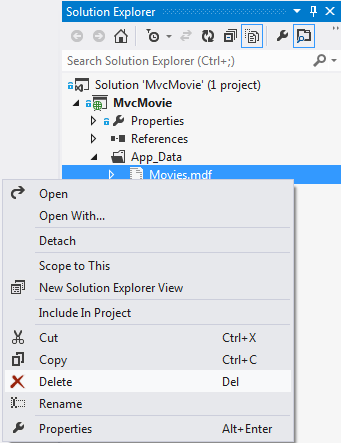 ソリューション エクスプローラー ウィンドウを示すスクリーンショット。右クリックメニューのムービードットm d fで削除が選択されています。
