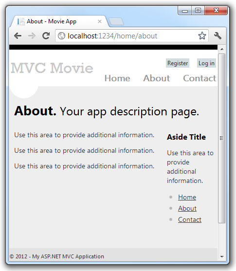 Screenshot that shows the M V C Movie About page.