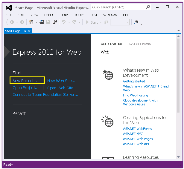 Visual Studio の [Express スタート] ページを示すスクリーンショット。[新しいプロジェクト] オプションが強調表示されています。