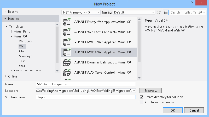 [新しい ASP.NET MVC 4 プロジェクト] ダイアログ ボックス