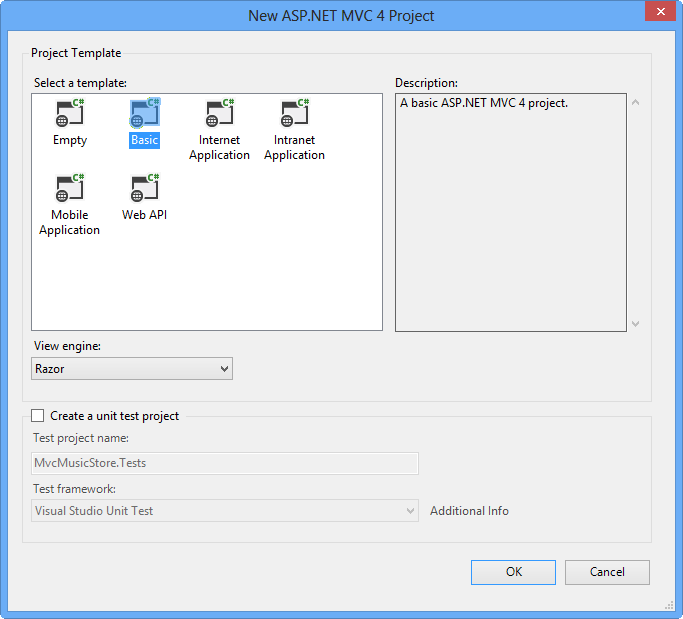 [新しい ASP.NET MVC 4 プロジェクト] ダイアログ ボックス