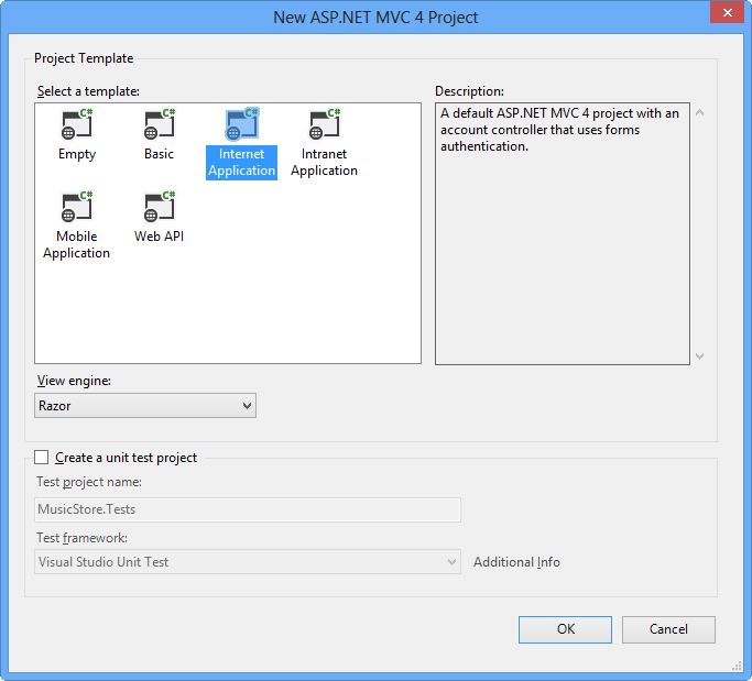 新しい ASP.NET MVC 4 インターネット アプリケーションを作成する