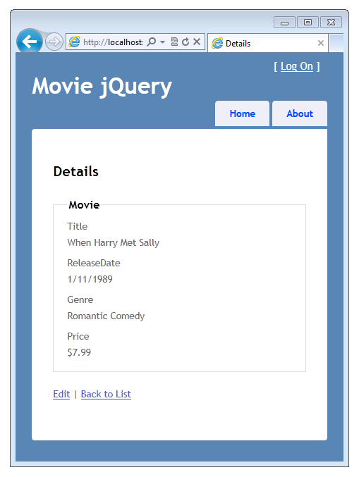 選択したムービーの設定値が一覧表示された [詳細] ビューを示す [Movie jQuery] ウィンドウのスクリーンショット。