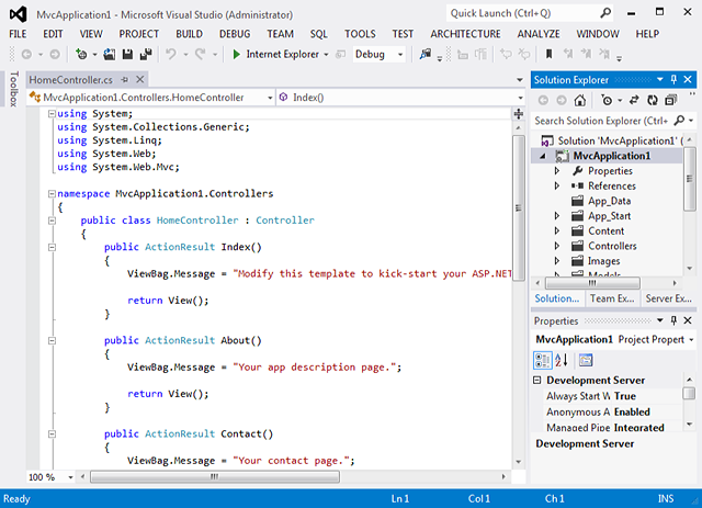 ソース ビューの新しい ASP.NET MVC アプリケーション