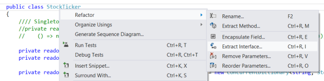 Screenshot of the right-click dropdown menu over Visual Studio code with the Refractor and Extract Interface options being highlighted.