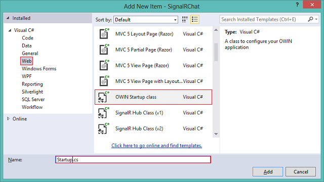 Screenshot that shows the Add New Item dialog box. OWIN Startup class is selected and Startup dot C S is in the Name field.