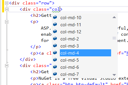 HTML エディターでの Intellisense