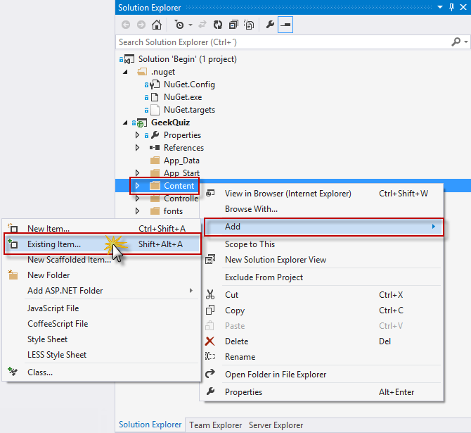 Adding an existing item to the Content folder
