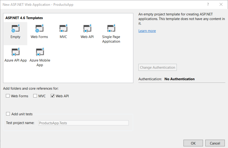 Screenshot of the new project dialog box, with different template options and three selections for folders and core reference.