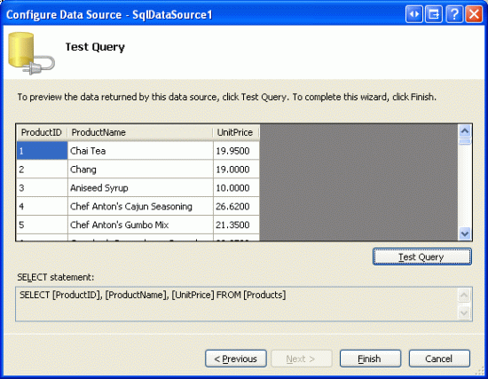 [クエリのテスト] ボタンをクリックして SELECT クエリを確認する