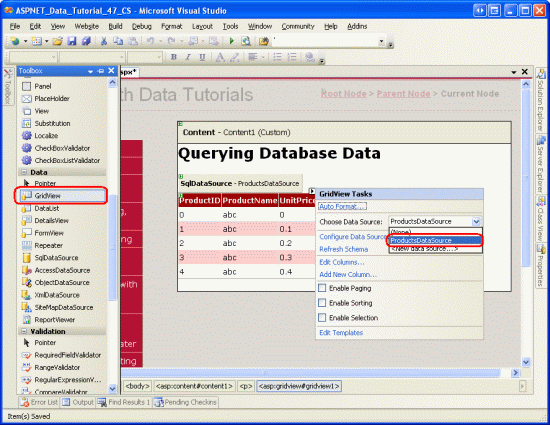 GridView を追加して SqlDataSource コントロールにバインドする