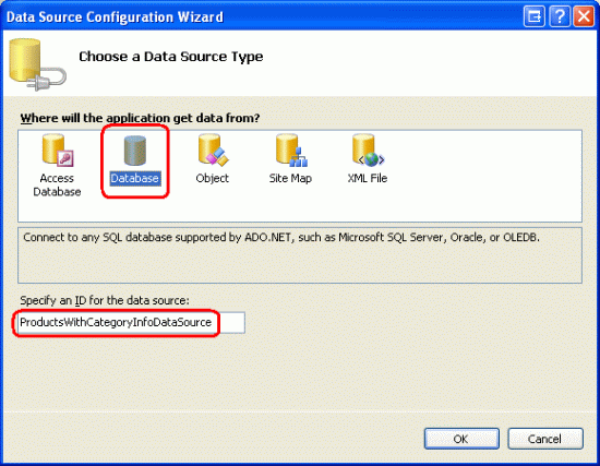 ProductsWithCategoryInfoDataSource という名前の新しい SqlDataSource コントロールを作成する