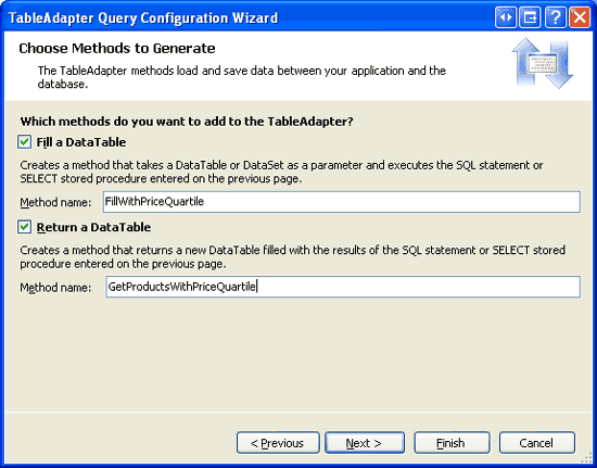 Name the TableAdapter s Methods and Click Finish