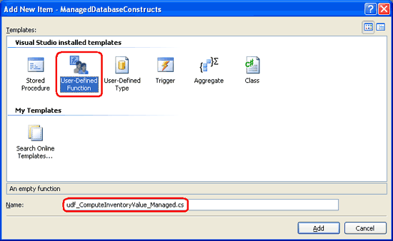 新しいマネージド UDF を ManagedDatabaseConstructs プロジェクトに追加する