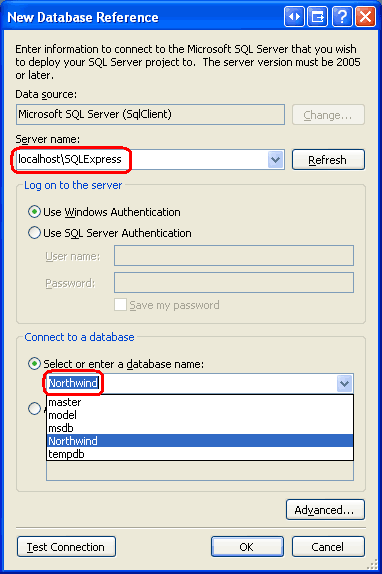 SQL Server プロジェクトを Northwind データベースに関連付ける