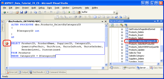 Set a Breakpoint in the Products_SelectByCategoryID Stored Procedure