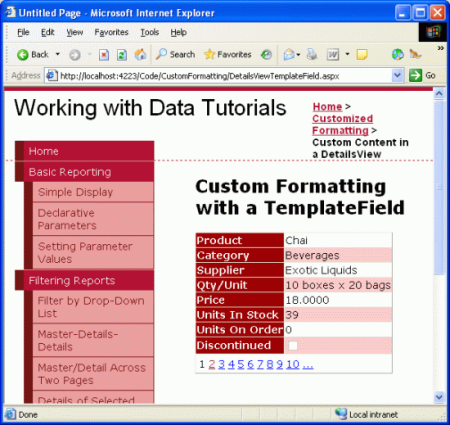 製品の詳細は、一連の BoundFields を使用して表示されます