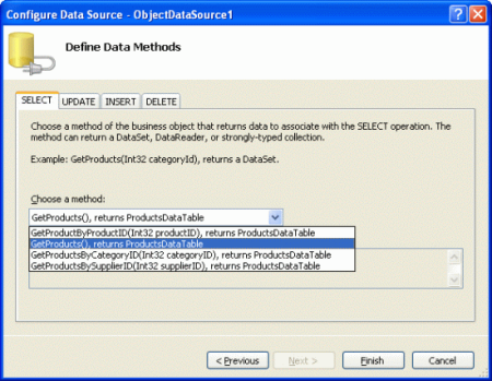 GetProducts() メソッドを呼び出す新しい ObjectDataSource コントロールを追加する