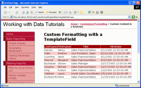 The LastName, FirstName, Title, and HireDate Fields are Displayed for Each Employee