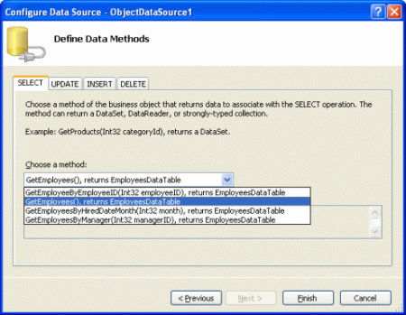 GetEmployees() メソッドを呼び出す新しい ObjectDataSource コントロールを追加する