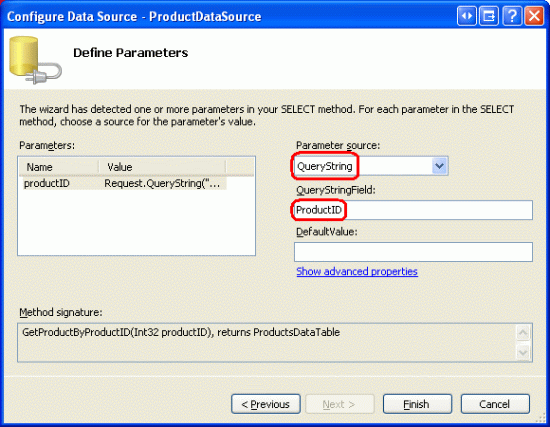 ProductID Querystring フィールドから値をプルするように productID パラメーターを構成する