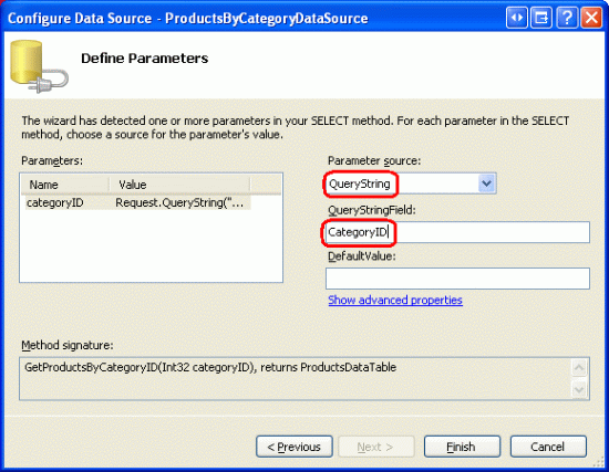 categoryID パラメーターに CategoryID Querystring フィールドを使用する