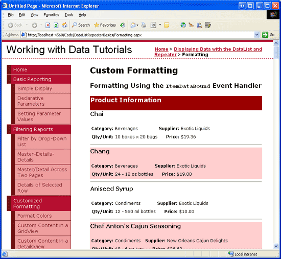 The Products are Listed in the DataList Control