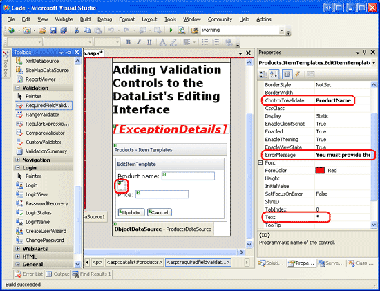 RequiredFieldValidator の ControlToValidate、ErrorMessage、および Text プロパティを設定する