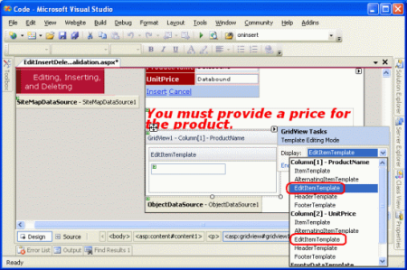 ProductName と UnitPrice の EditItemTemplates を拡張する必要がある