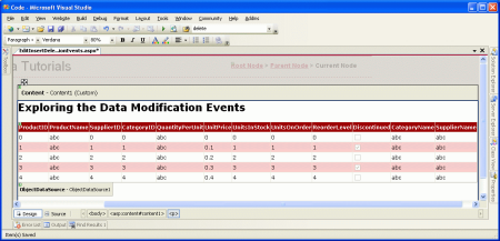 GridView には、製品の各フィールドの BoundField または CheckBoxField が含まれています