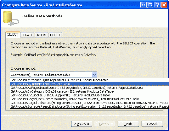 Configure the ObjectDataSource to Retrieve Data Using the GetProducts() Method