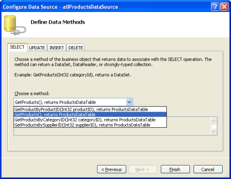 GetProducts() メソッドを呼び出すように ObjectDataSource を構成する