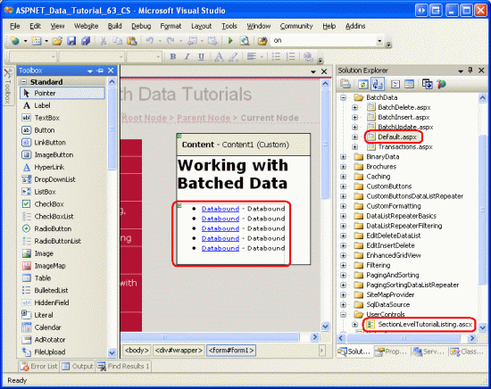 SectionLevelTutorialListing.ascx ユーザー コントロールを Default.aspx に追加する