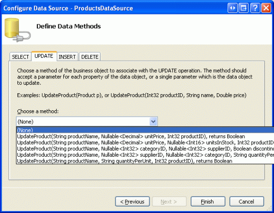 [UPDATE]、[INSERT]、[DELETE] の各タブのドロップダウン リストを [(なし)] に設定する