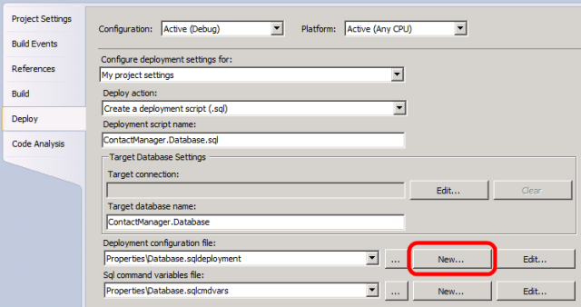 On the database project properties page, on the Deploy tab, in the Deployment configuration file row, click New.