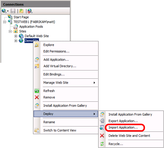 Instead, an administrator on the destination server must copy the web package onto the server and import it through IIS Manager.