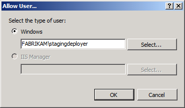 In the Allow User dialog box, type the domain and user name of the account you want to use to deploy content, and then click OK.