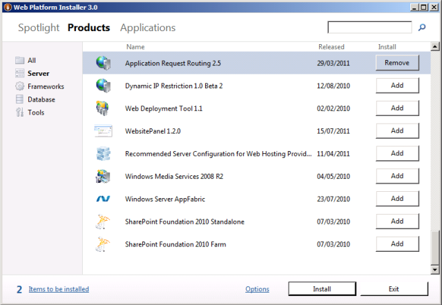 [Application Request Routing 2.5] 行で、[追加] を選択します。