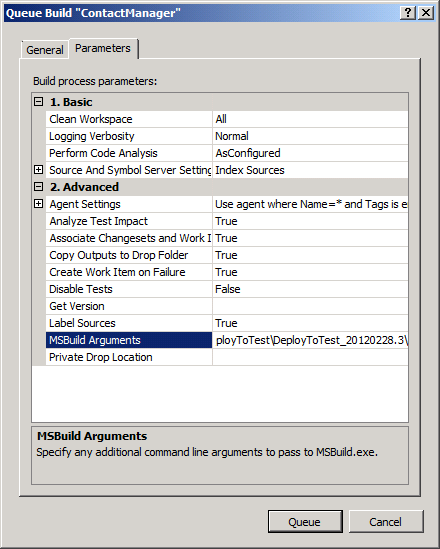 When Rob queues the build, he uses the Parameters tab to provide an updated value for the OutputRoot property.