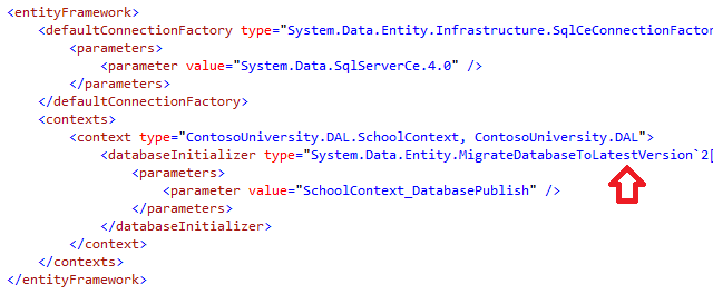 デプロイされたアプリケーションの Web.config ファイルを C:\inetpub\wwwroot\ContosoUniversity で開き、デプロイ プロセスによって Code First Migrations が構成され、データベースが最新バージョンに自動的に更新された場所を確認します。